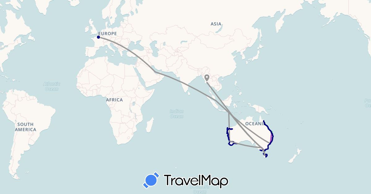 TravelMap itinerary: driving, bus, plane, train in Australia, France, Indonesia, Myanmar (Burma), Qatar, Singapore (Asia, Europe, Oceania)